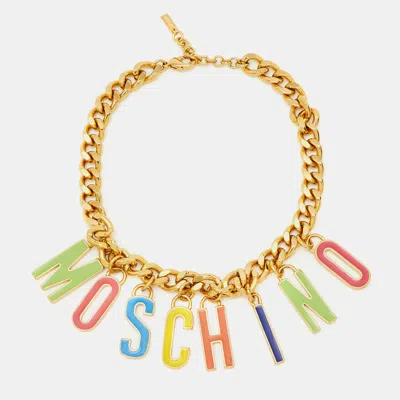Pre-owned Moschino Multicolor Enameled Logo Charms Curb Gold Tone Chain Necklace