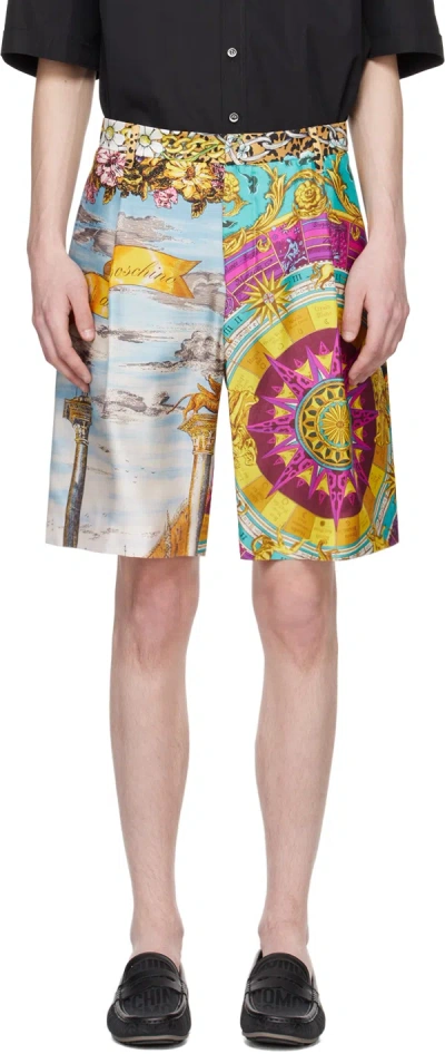 Moschino Thigh-length Multicolor Printed Silk Shorts In White