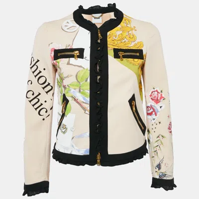 Pre-owned Moschino Multicolor Printed Cotton Zip-up Ruffle Detail Cardigan S