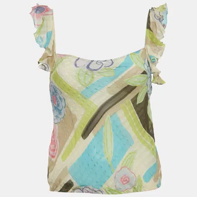 Moschino Multicolor Printed Silk Ruffe Sleeve Sheer Top