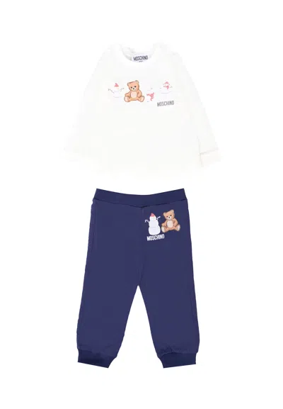 Moschino Multicolor Set For Babykids With Teddy Bear And Snowman In Blue