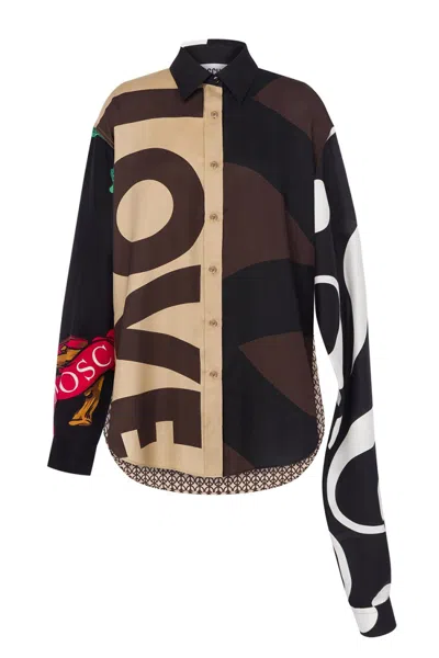Moschino Multicolor Silk Shirt With Asymmetrical Long Sleeve In Brown