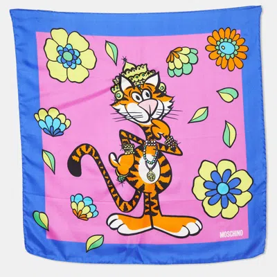 Moschino Multicolor Tiger Printed Silk Square Scarf In Pink