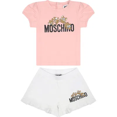 Moschino Multicolor Tracksuit For Baby Girl With Teddy Bear And Logo In Rosa