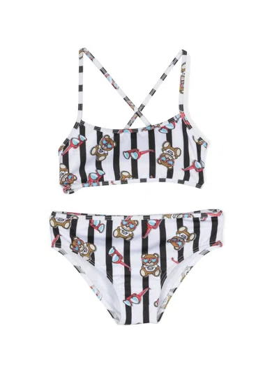 Moschino Kids' Teddy Bear Bikini Set In 83523 - Bianco Nero