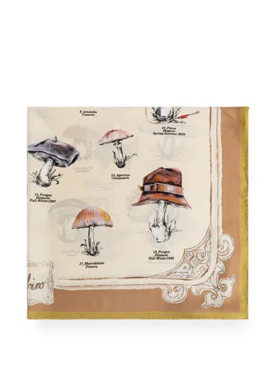 Moschino Mushroom-print Silk Scarf In Neutral