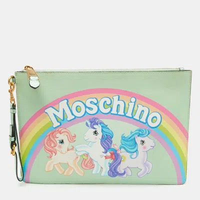 Pre-owned Moschino My Little Pony Light Green Leather Zip Pouch Clutch