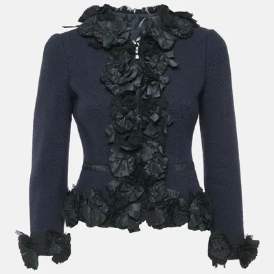 Pre-owned Moschino Navy Blue Textured Wool Ruffle Detail Blazer S