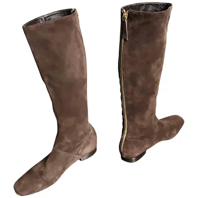 Pre-owned Moschino New 1990s  Cheap & Chic Size 38.5 / 8.5 Brown Suede 90s Knee High Boots