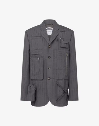 Moschino Office Inspiration Wool Pinstripe Jacket In Gray