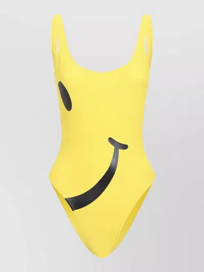 Moschino One Piece Swimsuit Smiley Face Print In Yellow