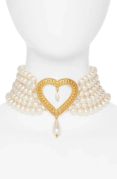 Moschino Open Heart Layered Imitation Pearl Strand Choker Necklace In A1103 Fantast Print Ivory