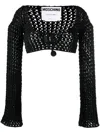 Moschino Cropped Open-knit Blouse With Drawstring Detail In Black