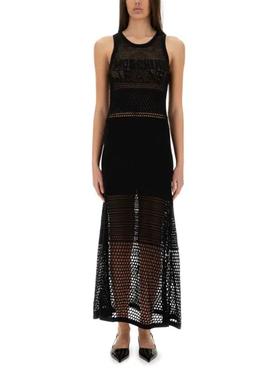 Moschino Open-knit Maxi Dress With Signature Logo In Black