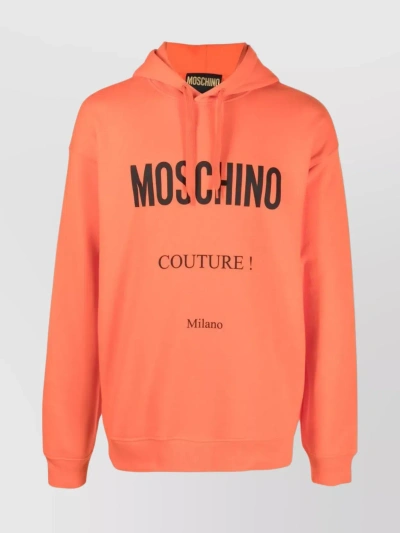 Moschino Organic Cotton Hooded Sweater With Kangaroo Pocket In Orange