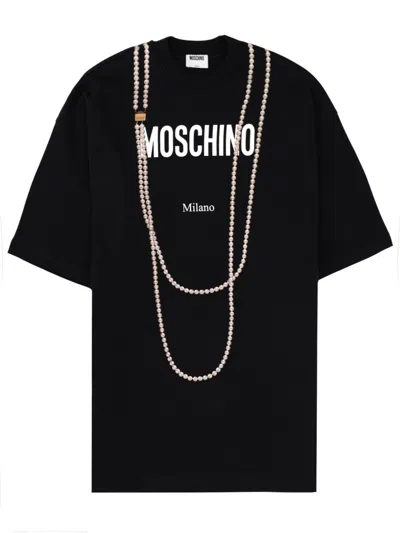 Moschino Oversized Graphic T-shirt With Faux Pearl Necklace Print In Black
