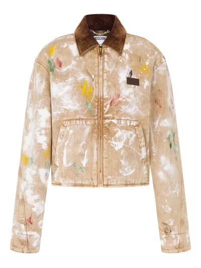 Moschino Paint-splatter Corduroy-collar Jacket In Neutral