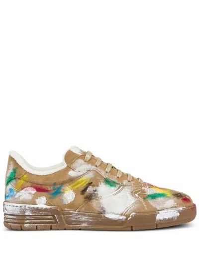 Moschino Painted Leather Sneakers In Brown