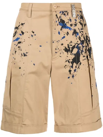 Moschino Painterly Print Sand Beige Stretch-cotton Shorts In Multi