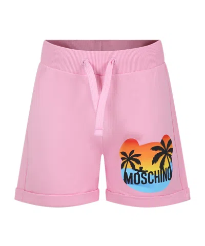 Moschino Kids' Pink Shorts For Girl With Multicolor Print And Logo