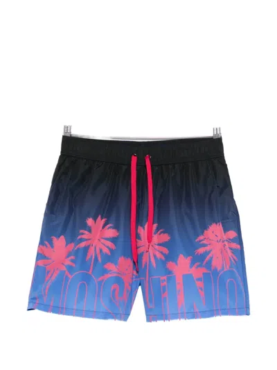 Moschino Gradient Print Swim Shorts With Palm Tree Design In Blue