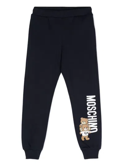 Moschino Kids' Pantaloni Sportivi In Cotone Con Stampa Teddy Bear In Blue