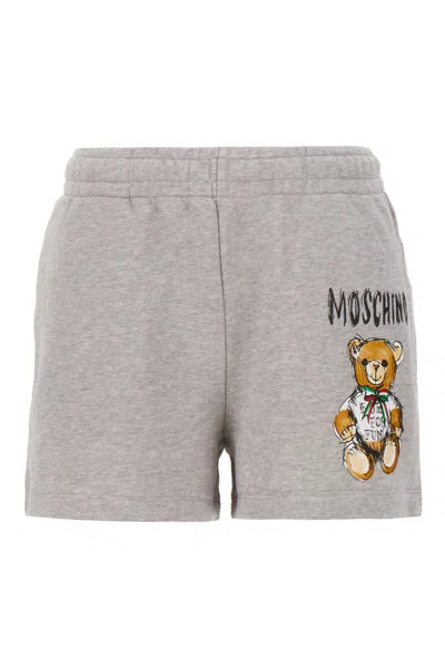 Moschino High Waist Cotton Shorts With Teddy Bear Print In Grey
