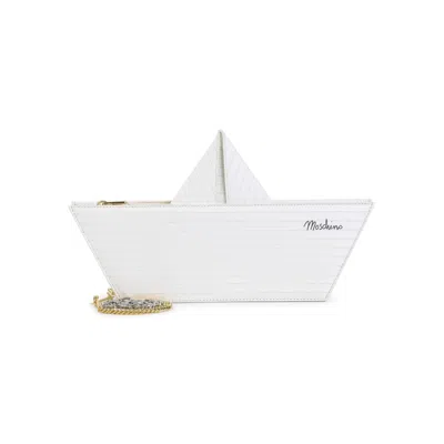 Moschino Paper Boat-inspired Shoulder Bag In Smooth Goat Leather In White