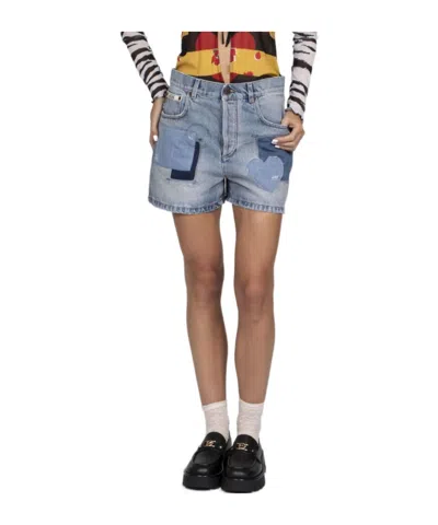 Moschino Patchwork Detailed Denim Shorts In Gold
