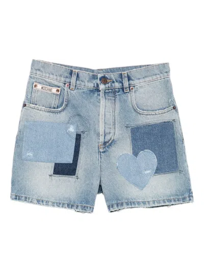 Moschino Patchwork Heart Denim Short Shorts In Blue