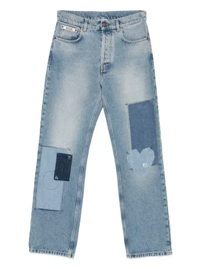 Moschino High-rise Denim Trousers With Patchwork Detailing In Blue