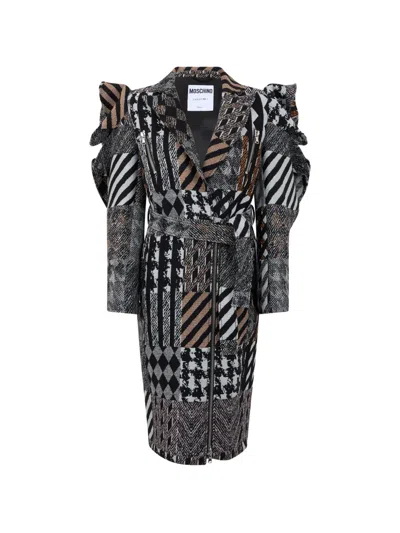 Moschino Patchwork Ruffled Oversized Coat In Black
