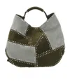 Moschino Green Patchwork Studded Leather Handbag In Green