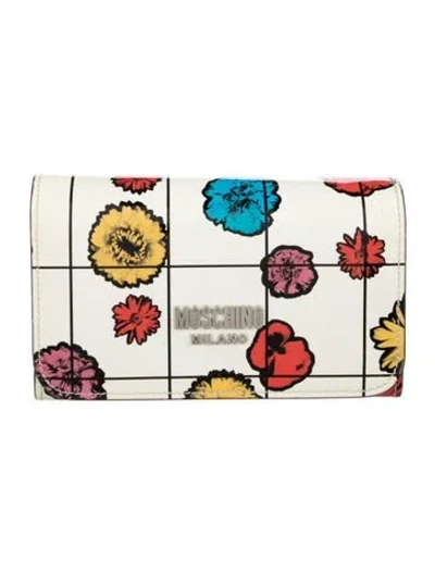 Pre-owned Moschino Patent Leather Floral Print Wallet In White