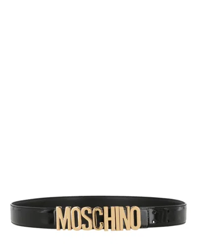 Moschino Patent Leather Logo Lettering Belt In Black