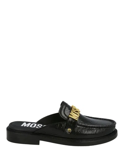 Moschino Patent Leather Logo Mules In Black