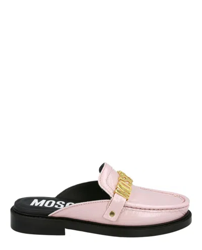 Moschino Patent Leather Logo Mules In Pink