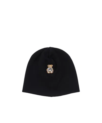 Moschino Pattern Knitted Hat In Black