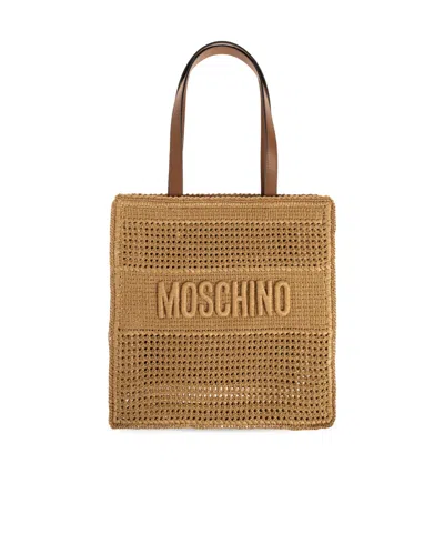 Moschino Logo-embroidered Raffia Tote Bag In Nude