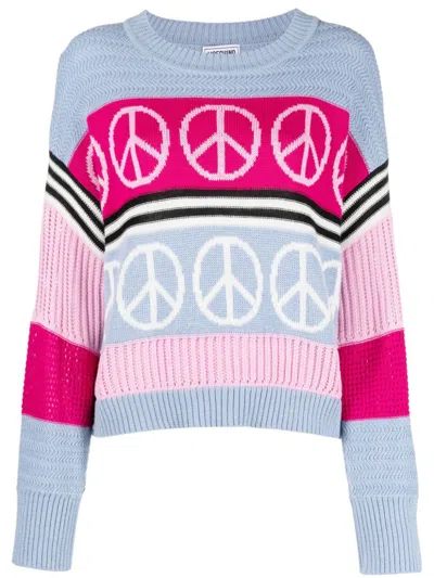 Moschino Peace-sign Intarsia Knit Jumper In Blue