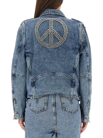 Moschino Peace Symbol Cotton Biker Jacket In Blue