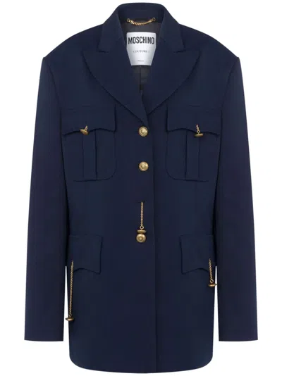Moschino Peak-lapel Cotton-blend Coat In Blue