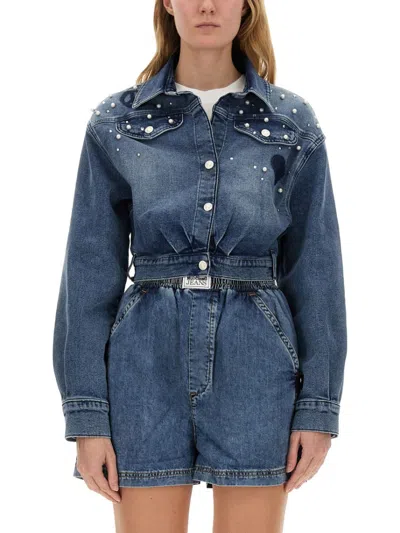 Moschino Pearl-accented Denim Shirt With Belted Waist In Blue