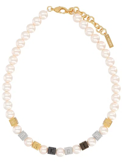 Moschino Pearl Beaded Logo Charm Necklace In Multi