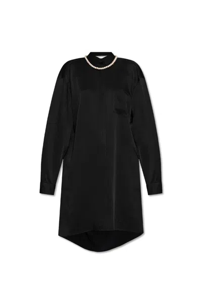Moschino Draped Back Satin Dress With Pearl Necklace In Black