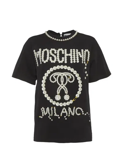 Pre-owned Moschino Pearl-print Oversized T-shirt In Black