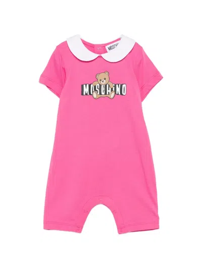 Moschino Babies' Peter Pan Collar Teddy Romper In Pink