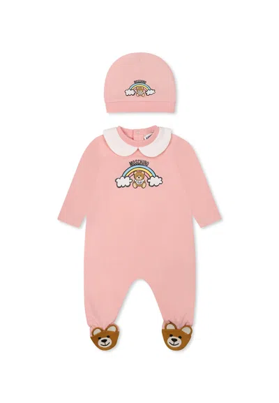 Moschino Pink Babygrow Set For Baby Girl With Teddy Bear
