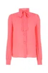 Moschino Silk Blouse With Shoulder Gatherings And Bow Collar In Pink