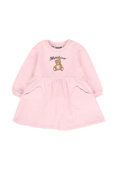 Moschino Babies' Pink Dress For Girl With Teddy Bear And Logo